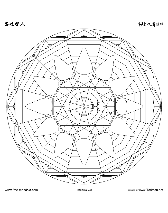 Mandala à colorier symétrique représentant une magnifique fleur au centre de celui-ci, ainsi qu'une succession de triangles tout autour.